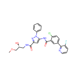 COC[C@H](O)CNC(=O)c1cc(NC(=O)c2cc(-c3ncccc3F)ccc2Cl)n(-c2ccccc2)n1 ZINC001772626077