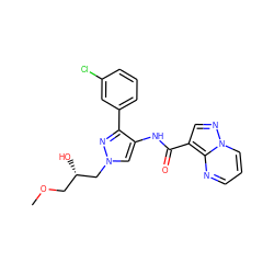 COC[C@H](O)Cn1cc(NC(=O)c2cnn3cccnc23)c(-c2cccc(Cl)c2)n1 ZINC000095577649