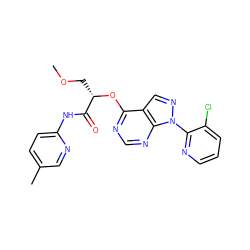 COC[C@H](Oc1ncnc2c1cnn2-c1ncccc1Cl)C(=O)Nc1ccc(C)cn1 ZINC000114684890