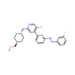 COC[C@H]1CC[C@H](Nc2cc(-c3cccc(NCc4cccc(F)c4)n3)c(Cl)cn2)CC1 ZINC000261185401