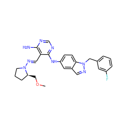 COC[C@H]1CCCN1/N=C/c1c(N)ncnc1Nc1ccc2c(cnn2Cc2cccc(F)c2)c1 ZINC000040847870