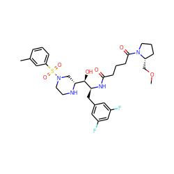 COC[C@H]1CCCN1C(=O)CCCC(=O)N[C@@H](Cc1cc(F)cc(F)c1)[C@H](O)[C@H]1CN(S(=O)(=O)c2cccc(C)c2)CCN1 ZINC000049780416