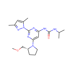 COC[C@H]1CCCN1c1cc(NC(=O)NC(C)C)nc(-n2nc(C)cc2C)n1 ZINC000040934923