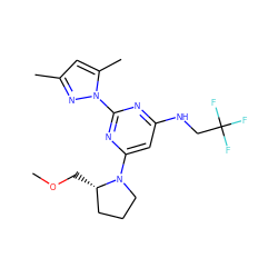 COC[C@H]1CCCN1c1cc(NCC(F)(F)F)nc(-n2nc(C)cc2C)n1 ZINC000103225547