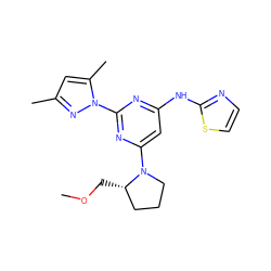 COC[C@H]1CCCN1c1cc(Nc2nccs2)nc(-n2nc(C)cc2C)n1 ZINC000095922006