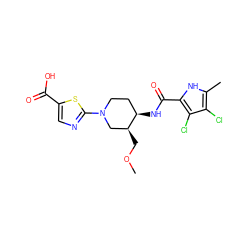 COC[C@H]1CN(c2ncc(C(=O)O)s2)CC[C@H]1NC(=O)c1[nH]c(C)c(Cl)c1Cl ZINC000224114534