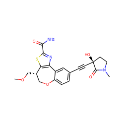 COC[C@H]1COc2ccc(C#C[C@]3(O)CCN(C)C3=O)cc2-c2nc(C(N)=O)sc21 ZINC000219432978
