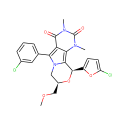 COC[C@H]1Cn2c(-c3cccc(Cl)c3)c3c(=O)n(C)c(=O)n(C)c3c2[C@@H](c2ccc(Cl)o2)O1 ZINC000217414990