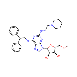 COC[C@H]1O[C@@H](n2cnc3c(NCC(c4ccccc4)c4ccccc4)nc(NCCN4CCCCC4)nc32)[C@H](O)[C@@H]1O ZINC000029127094