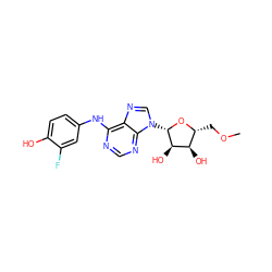 COC[C@H]1O[C@@H](n2cnc3c(Nc4ccc(O)c(F)c4)ncnc32)[C@H](O)[C@@H]1O ZINC000033987388