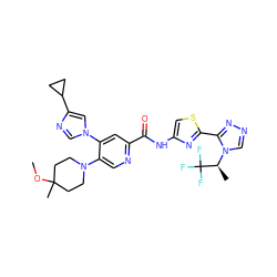 COC1(C)CCN(c2cnc(C(=O)Nc3csc(-c4nncn4[C@@H](C)C(F)(F)F)n3)cc2-n2cnc(C3CC3)c2)CC1 ZINC001772639996