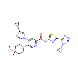 COC1(C)CCN(c2cnc(C(=O)Nc3csc(-c4nncn4C4CC4)n3)cc2-n2cnc(C3CC3)c2)CC1 ZINC001772656162
