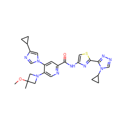 COC1(C)CN(c2cnc(C(=O)Nc3csc(-c4nncn4C4CC4)n3)cc2-n2cnc(C3CC3)c2)C1 ZINC001772603065
