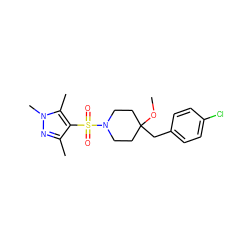 COC1(Cc2ccc(Cl)cc2)CCN(S(=O)(=O)c2c(C)nn(C)c2C)CC1 ZINC000207267159