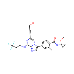 COC1(NC(=O)c2ccc(-c3cnc4c(NCCC(F)(F)F)nc(C#CCO)cn34)cc2C)CC1 ZINC000199098017