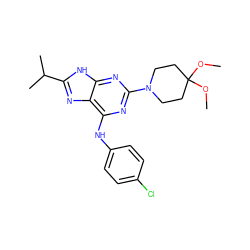 COC1(OC)CCN(c2nc(Nc3ccc(Cl)cc3)c3nc(C(C)C)[nH]c3n2)CC1 ZINC000026734856