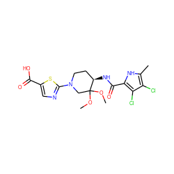 COC1(OC)CN(c2ncc(C(=O)O)s2)CC[C@H]1NC(=O)c1[nH]c(C)c(Cl)c1Cl ZINC000141778484