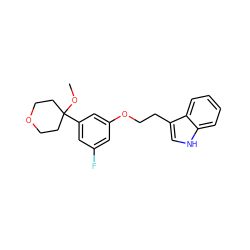 COC1(c2cc(F)cc(OCCc3c[nH]c4ccccc34)c2)CCOCC1 ZINC000028704795