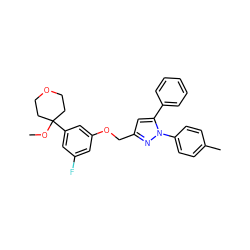 COC1(c2cc(F)cc(OCc3cc(-c4ccccc4)n(-c4ccc(C)cc4)n3)c2)CCOCC1 ZINC000013585665