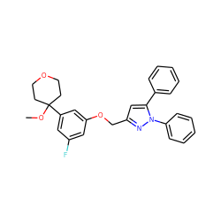 COC1(c2cc(F)cc(OCc3cc(-c4ccccc4)n(-c4ccccc4)n3)c2)CCOCC1 ZINC000013585658