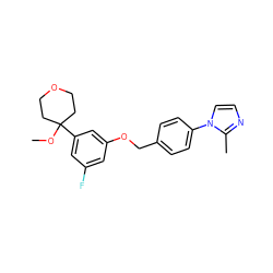 COC1(c2cc(F)cc(OCc3ccc(-n4ccnc4C)cc3)c2)CCOCC1 ZINC000000580641