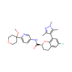 COC1(c2ccc(NC(=O)[C@@H]3CCc4cc(F)cc(-c5c(C)nn(C)c5C)c4O3)cn2)CCOCC1 ZINC000045373901