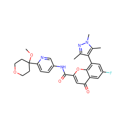 COC1(c2ccc(NC(=O)c3cc(=O)c4cc(F)cc(-c5c(C)nn(C)c5C)c4o3)cn2)CCOCC1 ZINC000045374900