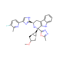 COC1C[C@H]2C([C@@]3(c4nnc(C)o4)N[C@@H](c4nc(-c5ccc(F)c(C)n5)c[nH]4)Cc4c3[nH]c3ccccc43)[C@@H]2C1 ZINC000169702935