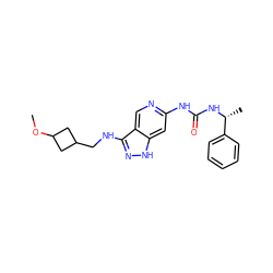 COC1CC(CNc2n[nH]c3cc(NC(=O)N[C@H](C)c4ccccc4)ncc23)C1 ZINC001772608733