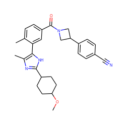 COC1CCC(c2nc(C)c(-c3cc(C(=O)N4CC(c5ccc(C#N)cc5)C4)ccc3C)[nH]2)CC1 ZINC000142794357