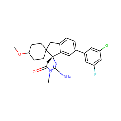 COC1CCC2(CC1)Cc1ccc(-c3cc(F)cc(Cl)c3)cc1[C@@]21CC(=O)N(C)C(N)=N1 ZINC000116245749