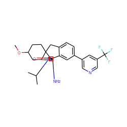 COC1CCC2(CC1)Cc1ccc(-c3cncc(C(F)(F)F)c3)cc1[C@@]21N=C(N)N(C(C)C)C1=O ZINC000141083466