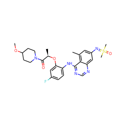 COC1CCN(C(=O)[C@@H](C)Oc2cc(F)ccc2Nc2ncnc3cc(N=S(C)(C)=O)cc(C)c23)CC1 ZINC001772574216