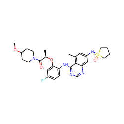 COC1CCN(C(=O)[C@@H](C)Oc2cc(F)ccc2Nc2ncnc3cc(N=S4(=O)CCCC4)cc(C)c23)CC1 ZINC001772586733