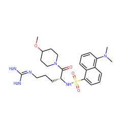 COC1CCN(C(=O)[C@@H](CCCN=C(N)N)NS(=O)(=O)c2cccc3c(N(C)C)cccc23)CC1 ZINC000027897407