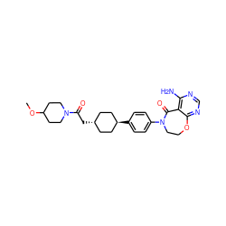 COC1CCN(C(=O)C[C@H]2CC[C@H](c3ccc(N4CCOc5ncnc(N)c5C4=O)cc3)CC2)CC1 ZINC000261163253