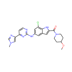 COC1CCN(C(=O)c2cc3cc(Nc4nccc(-c5cn(C)cn5)n4)cc(Cl)c3[nH]2)CC1 ZINC000222326422