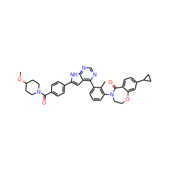 COC1CCN(C(=O)c2ccc(-c3cc4c(-c5cccc(N6CCOc7cc(C8CC8)ccc7C6=O)c5C)ncnc4[nH]3)cc2)CC1 ZINC000205682483