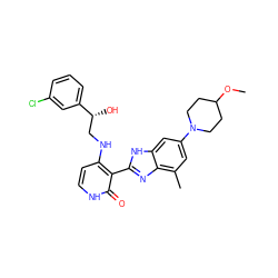 COC1CCN(c2cc(C)c3nc(-c4c(NC[C@@H](O)c5cccc(Cl)c5)cc[nH]c4=O)[nH]c3c2)CC1 ZINC000040935287