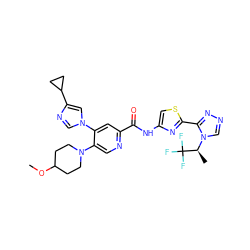COC1CCN(c2cnc(C(=O)Nc3csc(-c4nncn4[C@@H](C)C(F)(F)F)n3)cc2-n2cnc(C3CC3)c2)CC1 ZINC001772589865