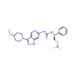 COC1CCN(c2n[nH]c3cc(NC(=O)N[C@H](COC(F)F)c4ccccc4)ncc23)CC1 ZINC001772579608