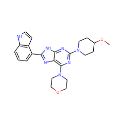 COC1CCN(c2nc(N3CCOCC3)c3nc(-c4cccc5[nH]ccc45)[nH]c3n2)CC1 ZINC000143984879