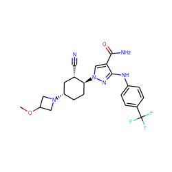 COC1CN([C@H]2CC[C@H](n3cc(C(N)=O)c(Nc4ccc(C(F)(F)F)cc4)n3)[C@@H](C#N)C2)C1 ZINC000222974649