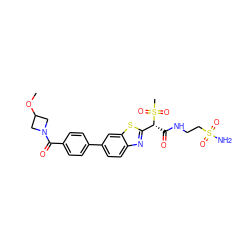 COC1CN(C(=O)c2ccc(-c3ccc4nc([C@@H](C(=O)NCCS(N)(=O)=O)S(C)(=O)=O)sc4c3)cc2)C1 ZINC000146074410