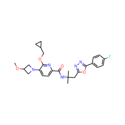 COC1CN(c2ccc(C(=O)NC(C)(C)Cc3nnc(-c4ccc(F)cc4)o3)nc2OCC2CC2)C1 ZINC000473168088