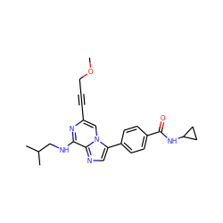 COCC#Cc1cn2c(-c3ccc(C(=O)NC4CC4)cc3)cnc2c(NCC(C)C)n1 ZINC000199110490