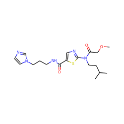 COCC(=O)N(CCC(C)C)c1ncc(C(=O)NCCCn2ccnc2)s1 ZINC000169341668