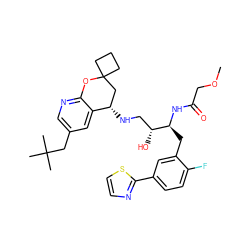 COCC(=O)N[C@@H](Cc1cc(-c2nccs2)ccc1F)[C@H](O)CN[C@H]1CC2(CCC2)Oc2ncc(CC(C)(C)C)cc21 ZINC000095575009