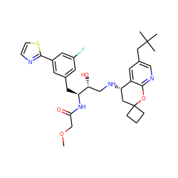 COCC(=O)N[C@@H](Cc1cc(F)cc(-c2nccs2)c1)[C@H](O)CN[C@H]1CC2(CCC2)Oc2ncc(CC(C)(C)C)cc21 ZINC000095579766