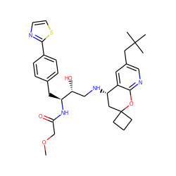 COCC(=O)N[C@@H](Cc1ccc(-c2nccs2)cc1)[C@H](O)CN[C@H]1CC2(CCC2)Oc2ncc(CC(C)(C)C)cc21 ZINC000095576484